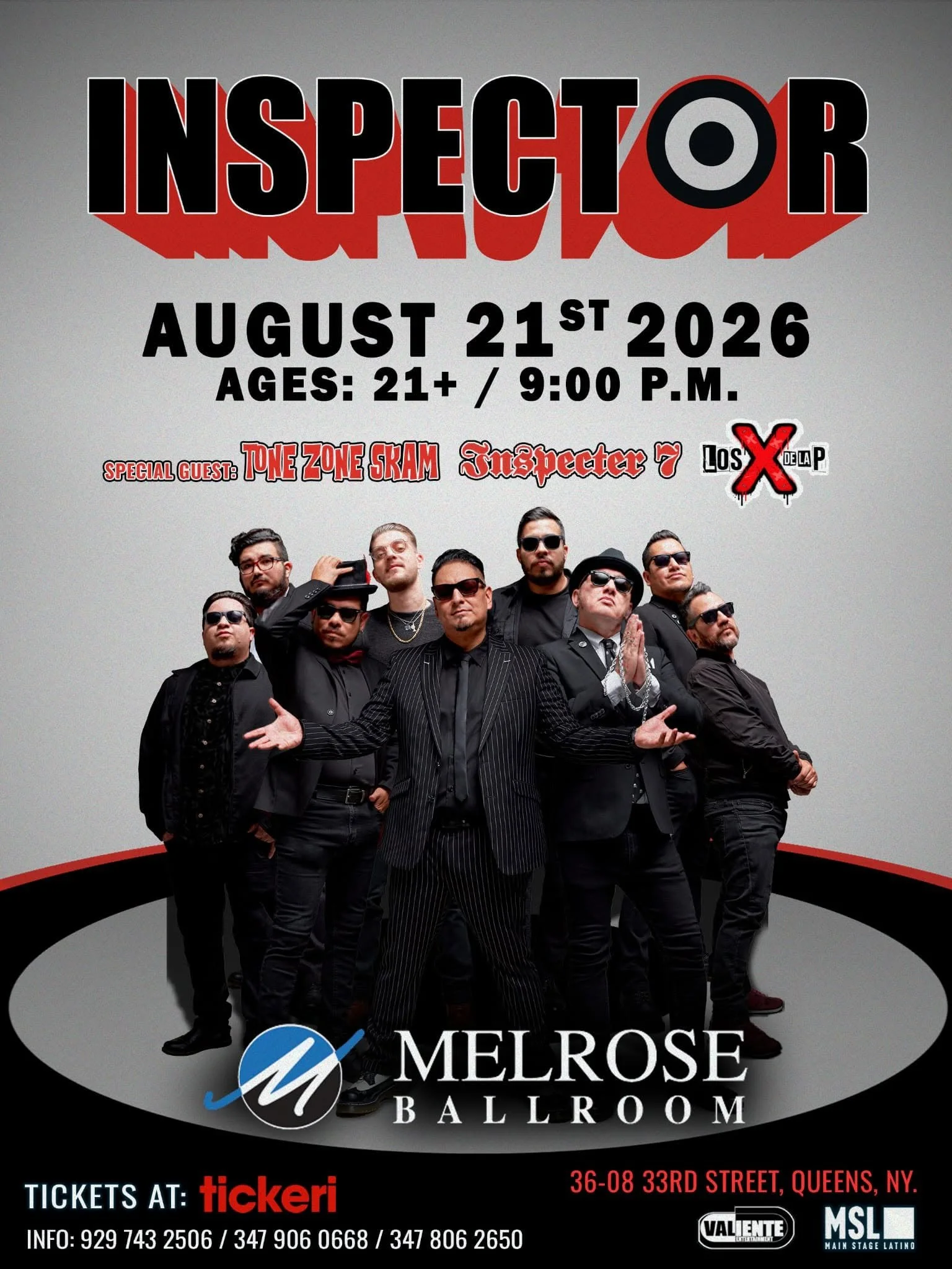 A promotional poster for an event featuring the band Inspector, scheduled for August 21, 2026, at 9:00 PM at Melrose Ballroom, Queens, NY. The poster shows a group of men dressed in black, standing and posing, with some wearing sunglasses. It includes logos for Ticketmaster and Valente Entertainment, along with contact information and a special guest lineup.