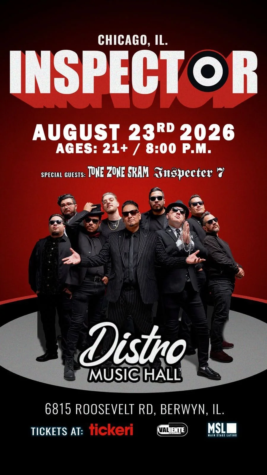 Event poster for a concert by Inspector 7 in Chicago, Illinois, at Distro Music Hall on August 23, 2026, at 8:00 P.M., for ages 21 and older. The poster features the band members dressed in black, with some wearing sunglasses and hats, and includes logos for Tickery, Valente, and MSLA at the bottom.