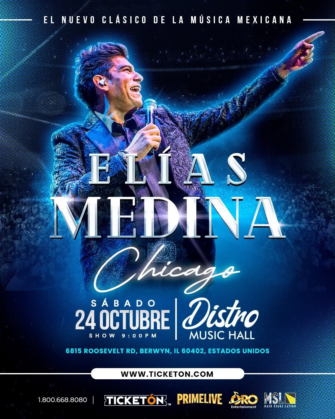Concert poster featuring Elias Medina at Distro Music Hall in Chicago on October 24, with a singer holding a microphone and pointing, in vibrant blue and purple tones.