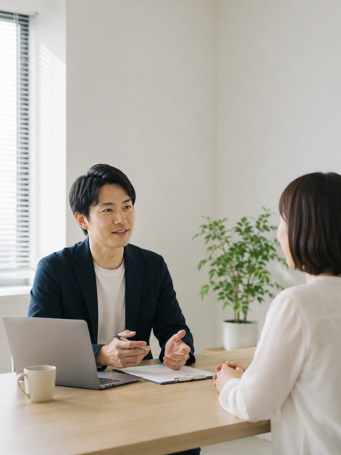 ビジネスマンが女性と面談している会議室の様子。パソコン、コーヒーカップ、書類が机に置かれている。背景に観葉植物と窓がある。