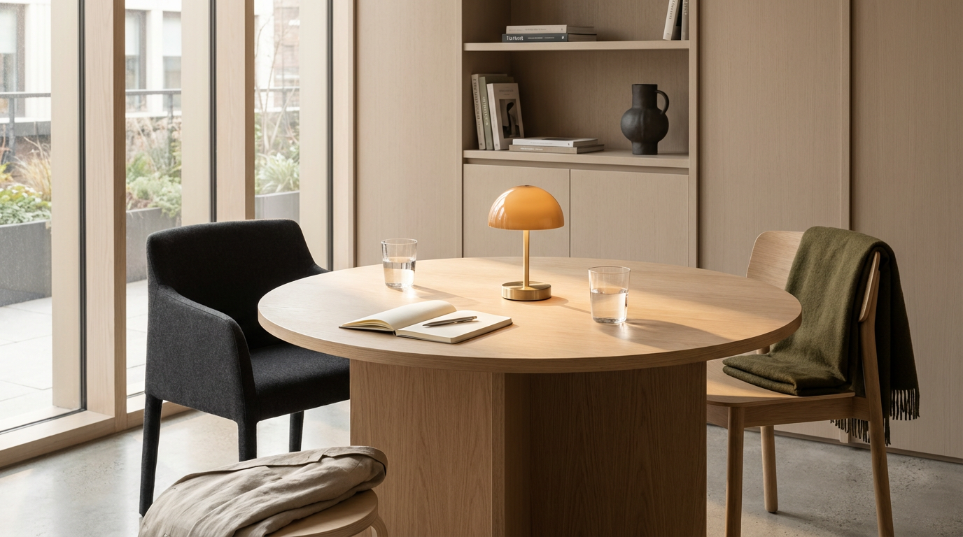 A round wooden table with two glasses of water, an open book, a pen, and a small orange lamp. There are two chairs, one black and one wooden with a green cloth, in a room with large windows and built-in wooden shelves.