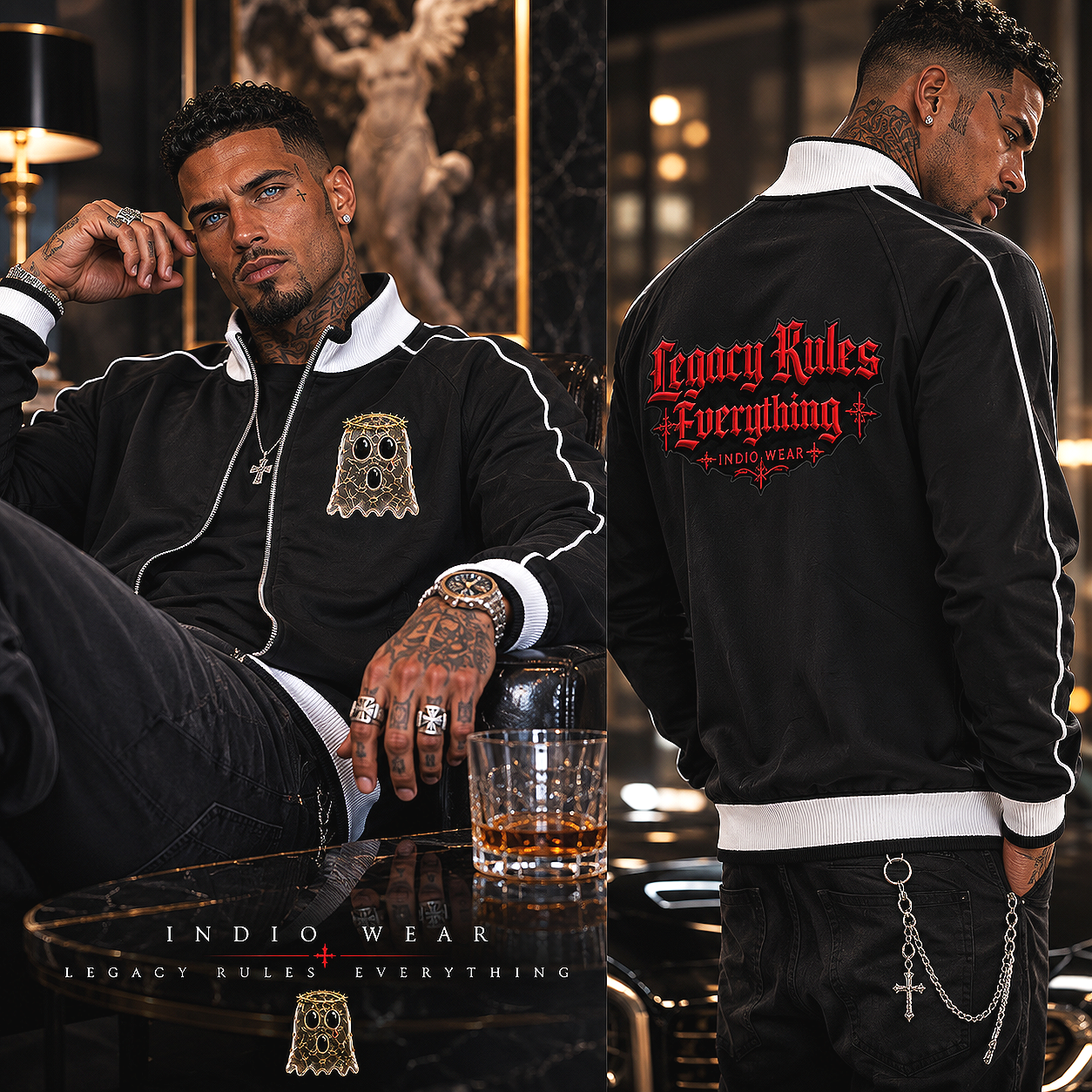 A man with tattoos and jewelry wearing a black jacket with white accents, sitting in a modern, stylish interior with a glass of brown liquid on the table. The jacket features a cartoon ghost with a surprised face on the front and red text on the back
