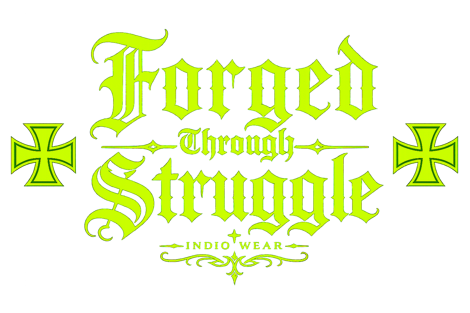 Bright green gothic-style text reads 'FREWELL TROUGHLY STAMPS' with two green cross-shaped designs on either side and smaller text below stating 'INDIO WEAR'.
