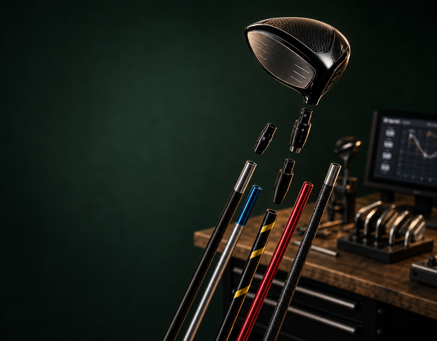 Multiple golf clubs with different designs and colors floating in the air against a dark background, with a computer monitor displaying a graph and more golf clubs on a table in the blurred background.