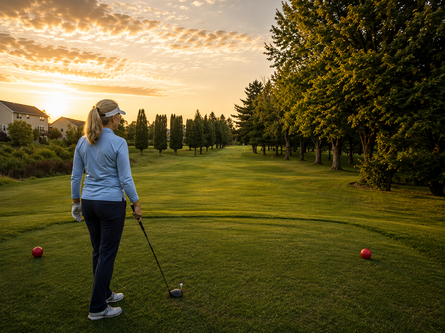 Golfer preparing to hit a shot on the course at sunset.
