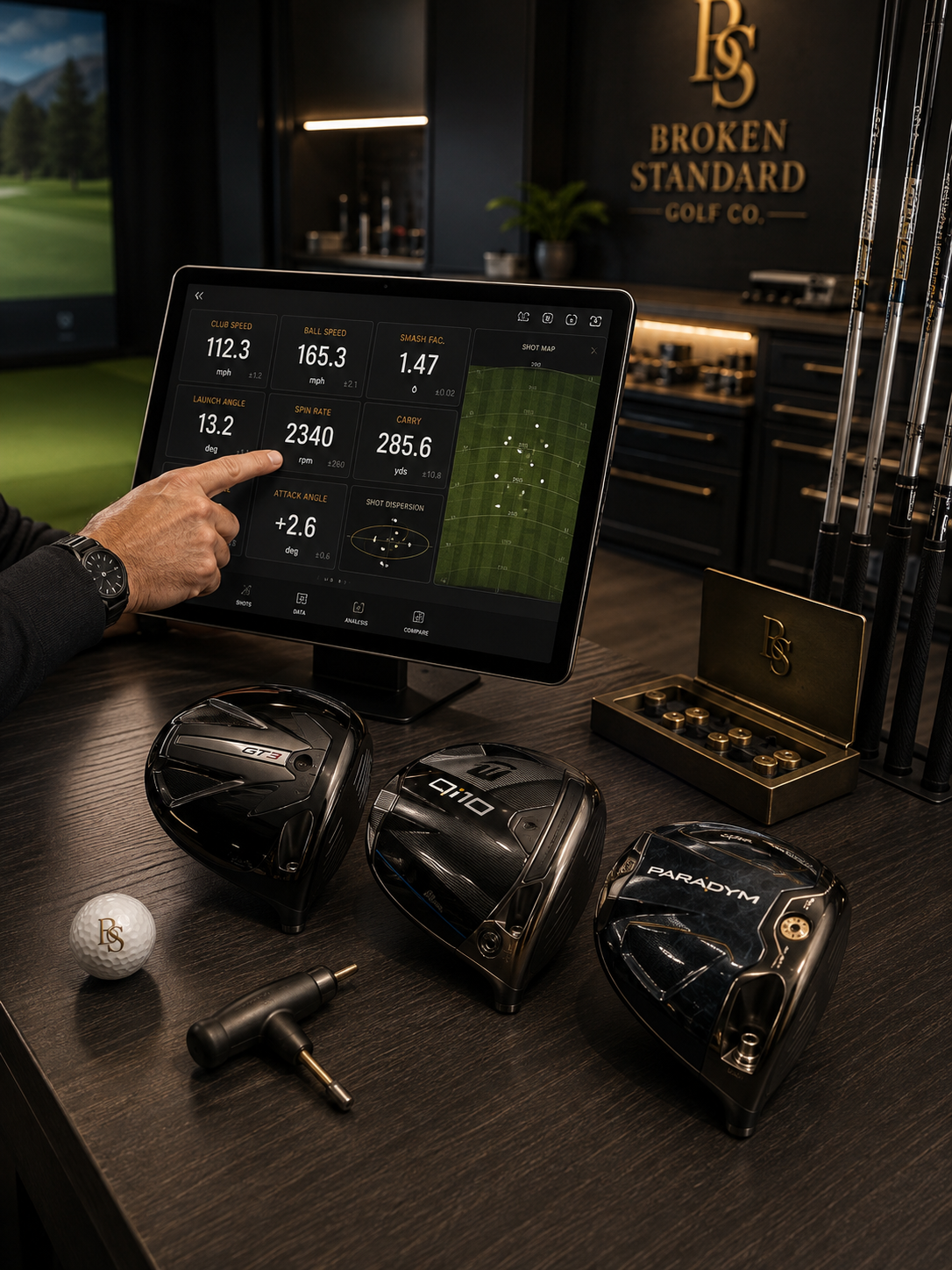 Golf club fitting setup with driver heads and launch monitor data used to compare equipment performance.