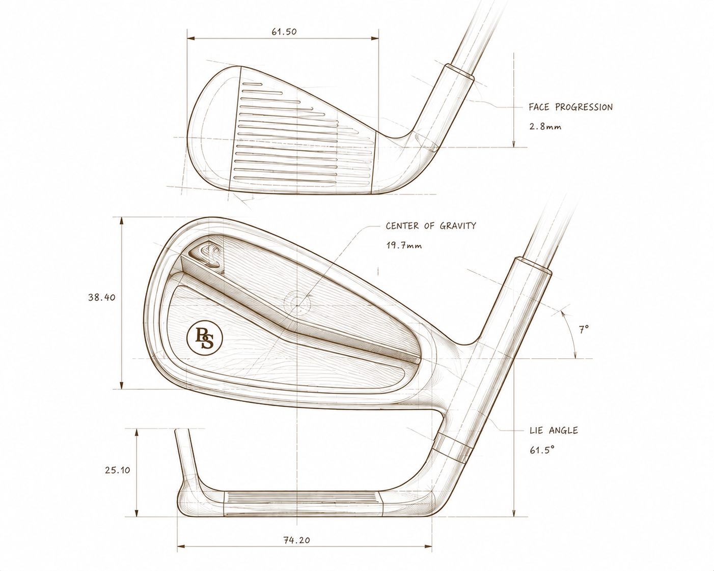 Technical drawing of a custom golf club design for Broken Standard Golf Co.