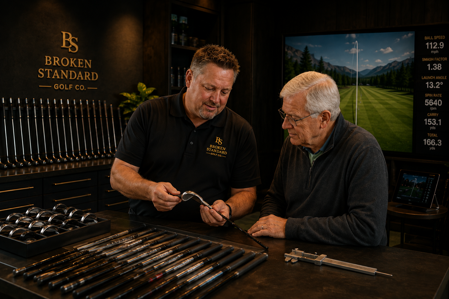 Golf club fitting consultation with a golfer comparing equipment options.