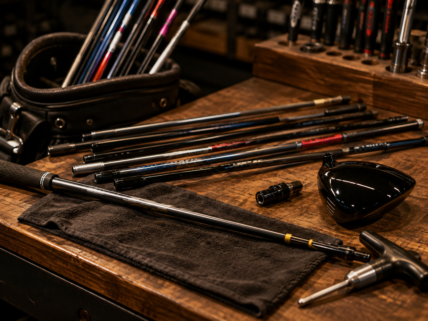 Interchangeable golf shafts and club components arranged for a custom golf fitting.
