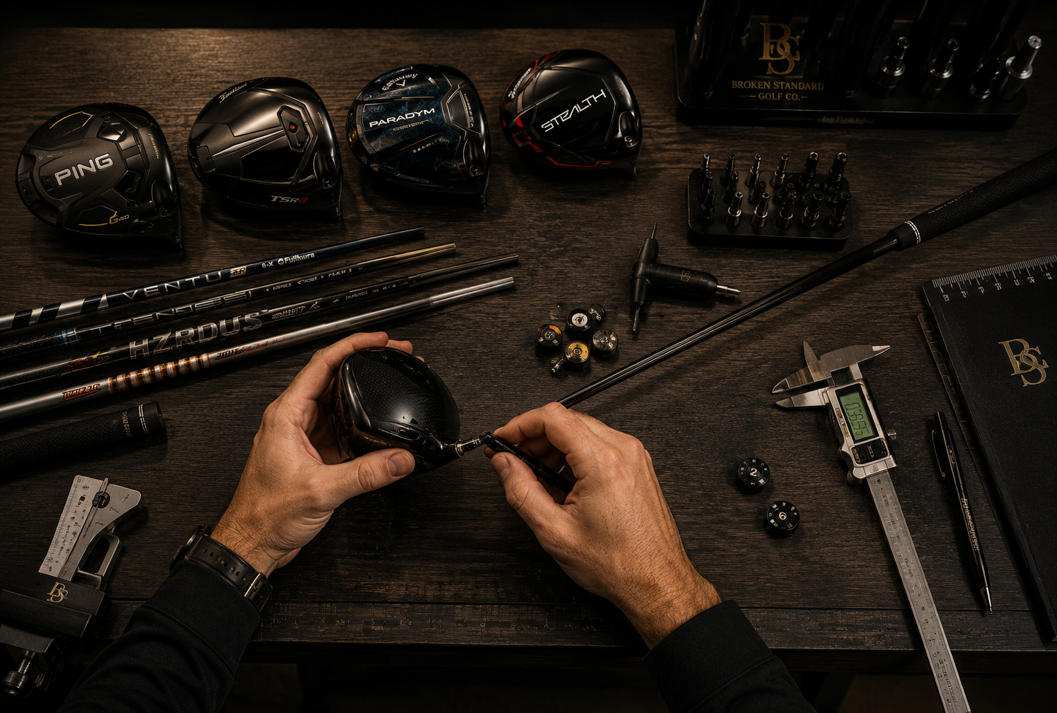 Golf fitter adjusting a driver head with interchangeable shafts and fitting components arranged on a workbench.