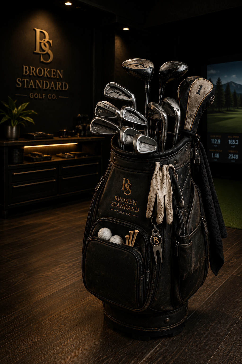 Golf bag and equipment inside the Broken Standard Golf Co. custom fitting studio.