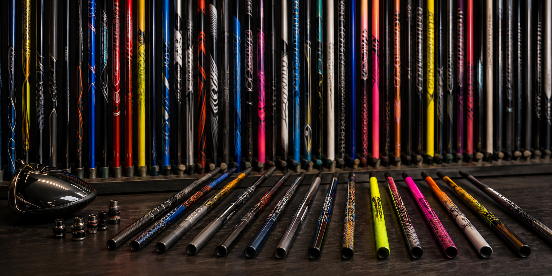 Selection of golf shafts and components available for custom club fitting.