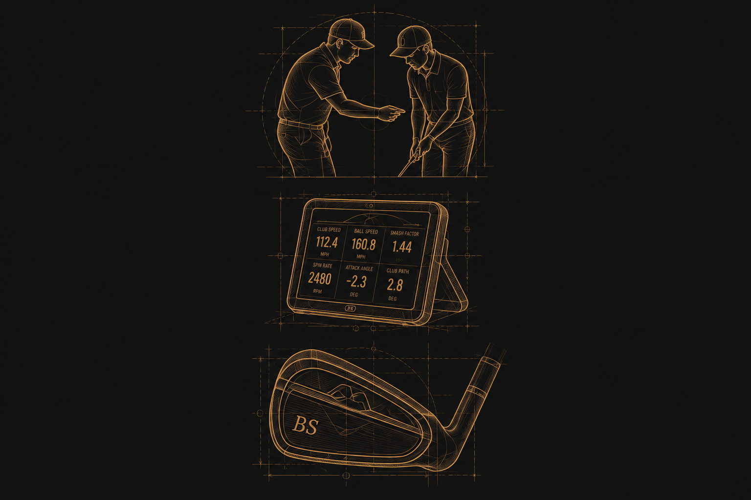 Technical illustration of a golfer and fitter reviewing swing and club performance data.
