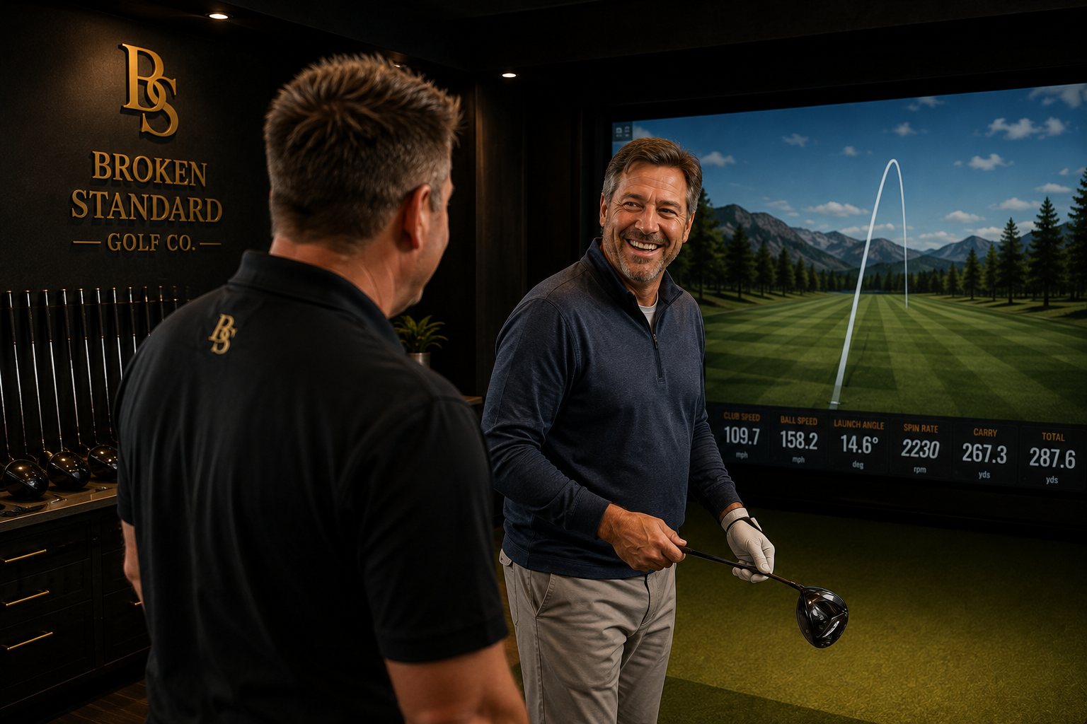 Golf fitter discussing club performance with a golfer inside the Broken Standard Golf Co. fitting studio.