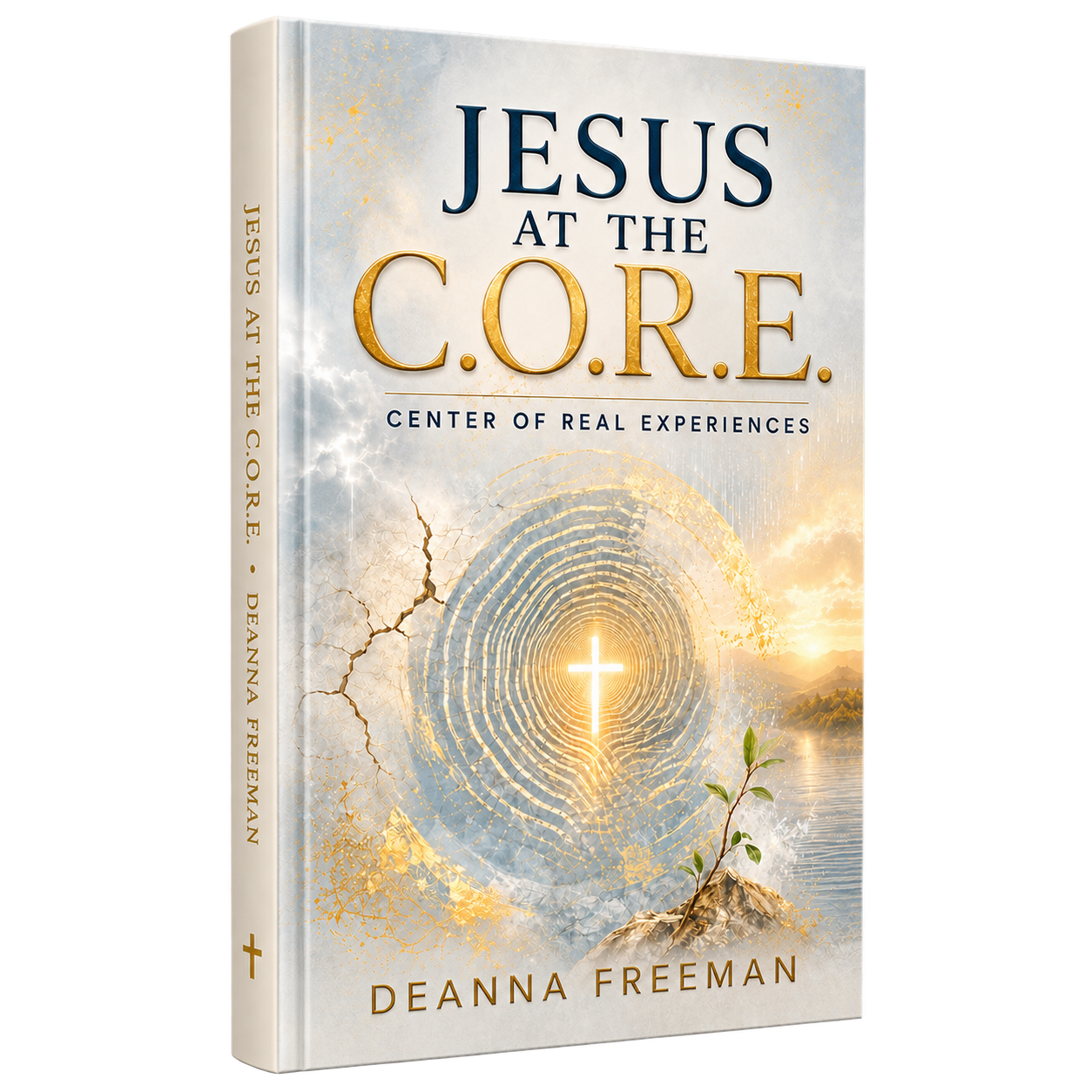 Book titled "Jesus at the C.O.R.E" by Deanna Freeman, featuring a glowing cross, a fingerprint pattern, a small plant, and a landscape with mountains and water.