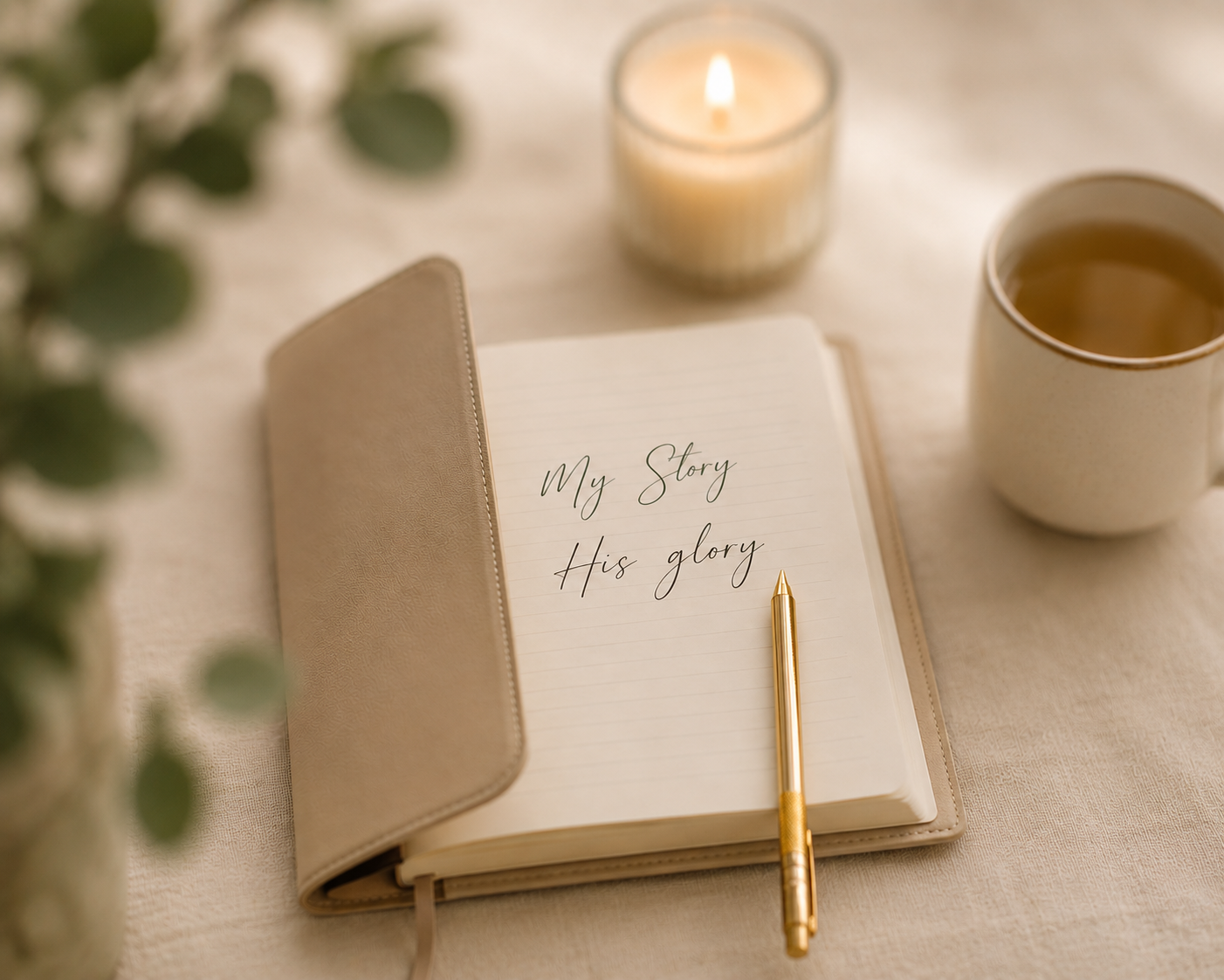Open journal with the words "My Story His Glory" written inside, surrounded by a lit candle, a cup of tea, and some blurred greenery in the foreground.