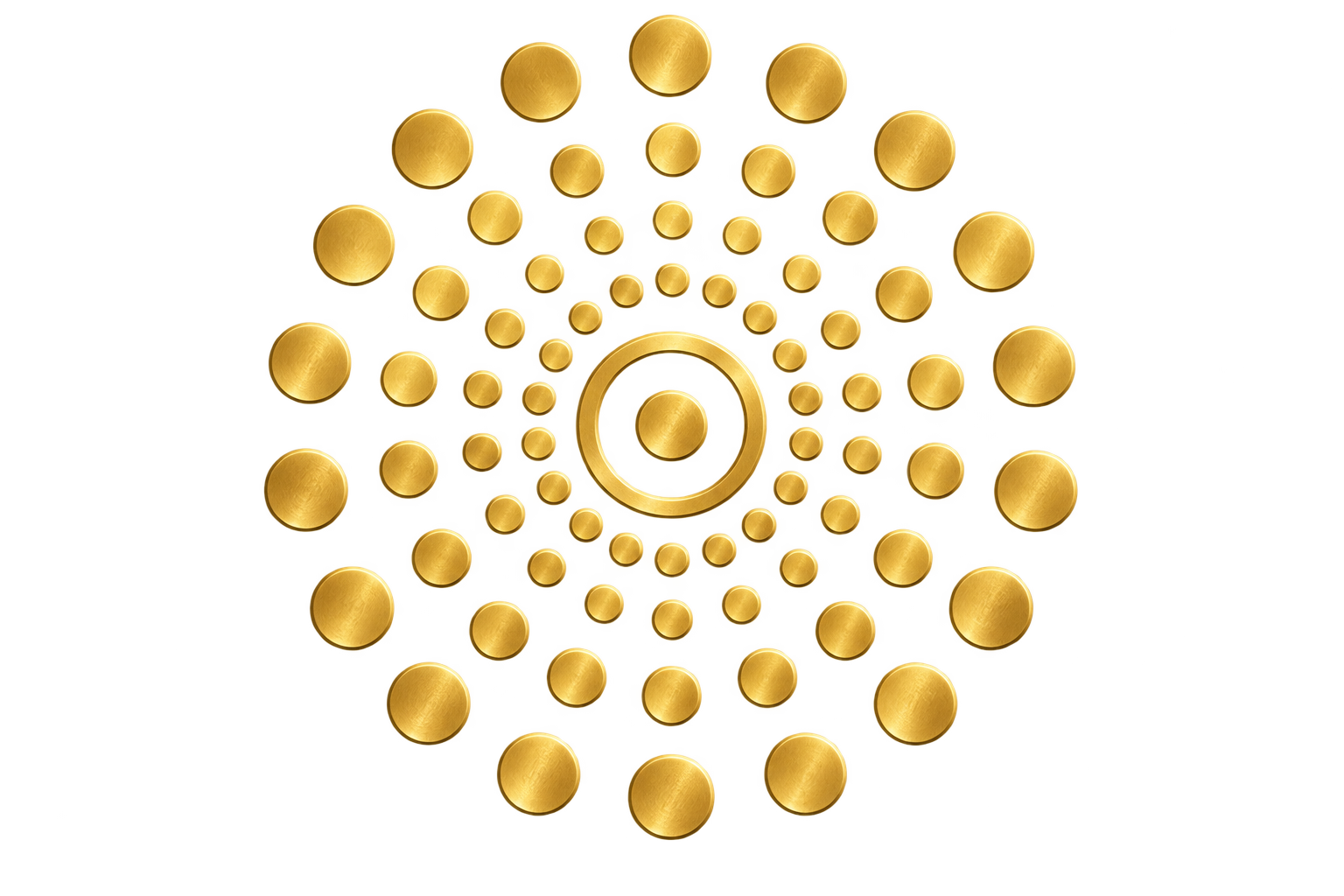 A top view of a cluster of gold-colored bullets arranged in a circular pattern.