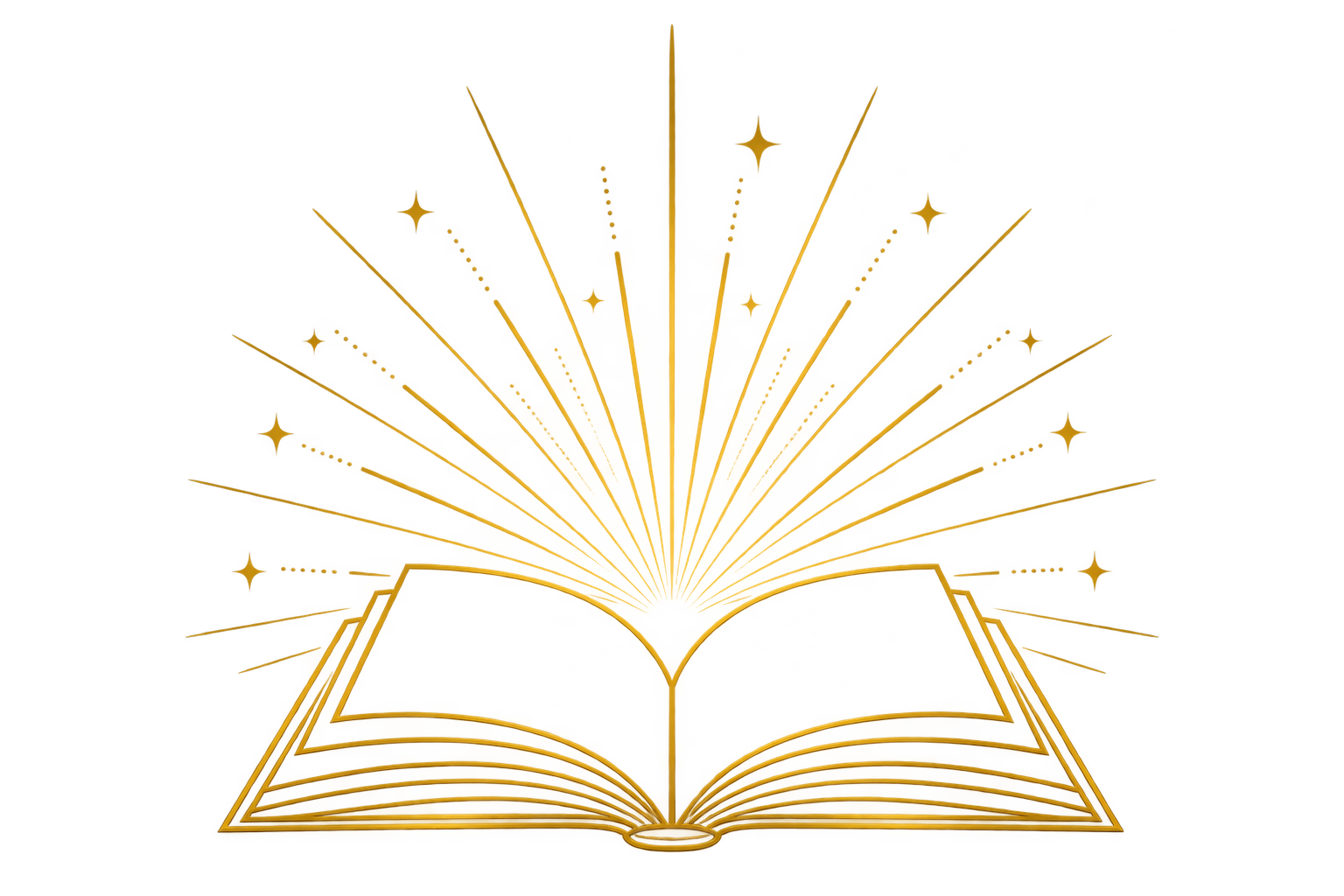 A golden open book with light rays emanating from its pages, creating a glowing effect.