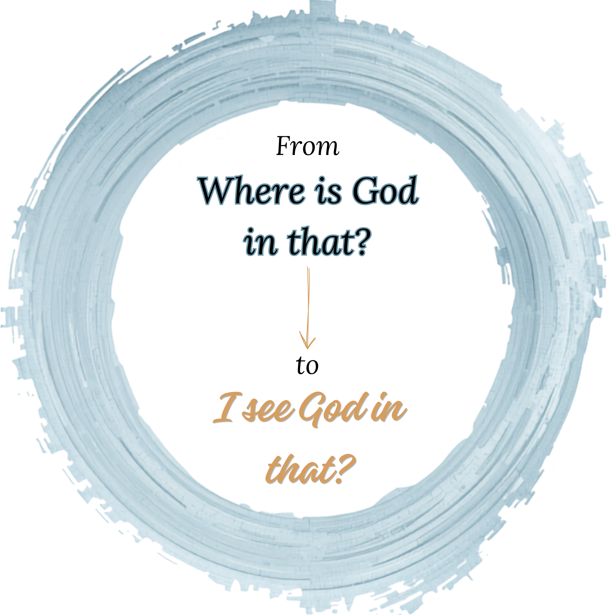 A light blue, painted, circular, wooden ring with text inside it that says 'Where is God in that?'. The background is transparent.