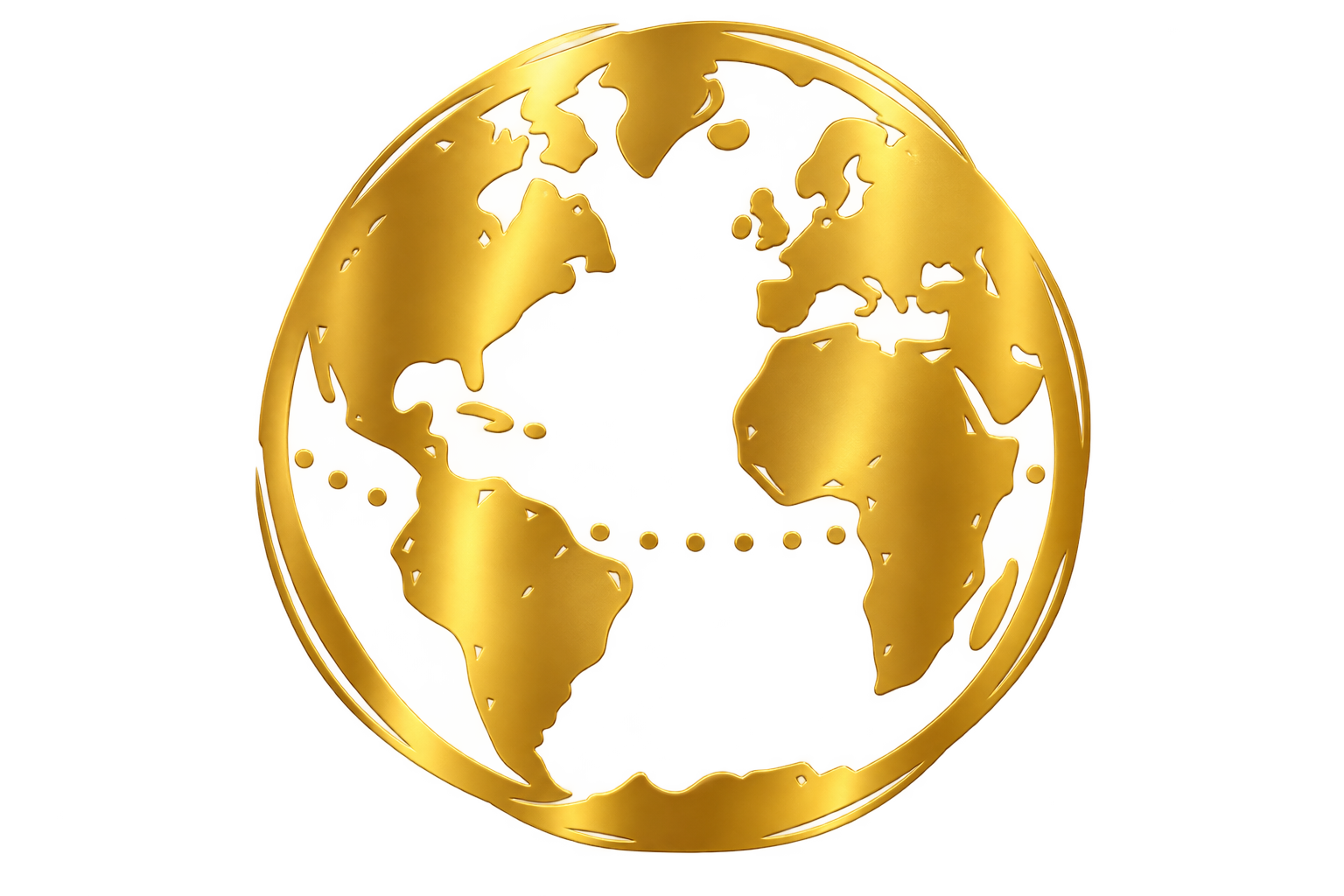 A gold-colored globe coin showing the continents of North America, South America, Europe, Africa, and parts of Asia, with a dotted line encircling the equator.