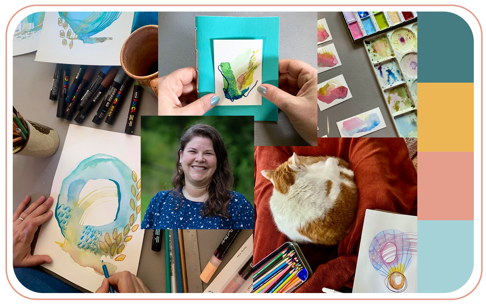 Collage of creative art supplies, paintings, Carolina Weick, and a cat resting while simply drawing on a cozy early morning.