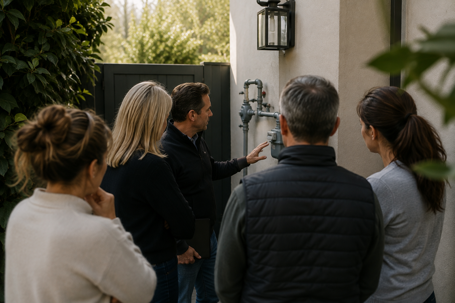 A group of five people listening to a man explaining something outside near a wall with water pipes and a meter, during daytime.