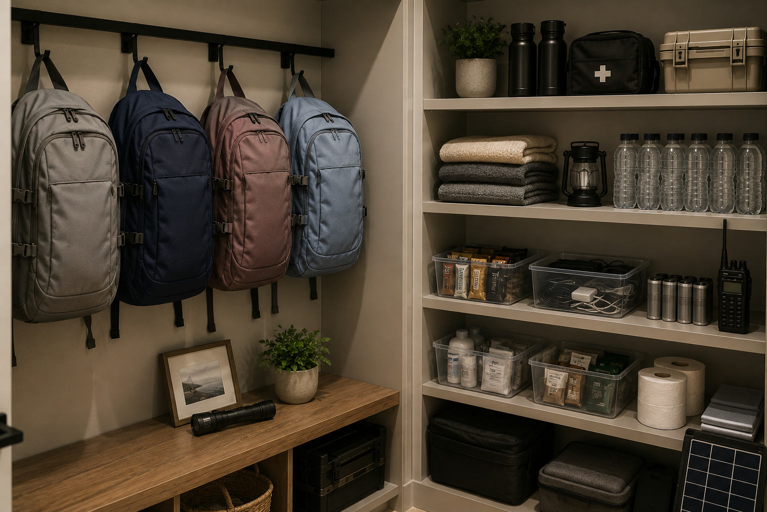 Closet with four backpacks hanging on hooks on the left, organized shelves on the right containing water bottles, towels, a lantern, a first aid kit, and various supplies, with a small wooden table, plant, picture frame, and a flashlight nearby.
