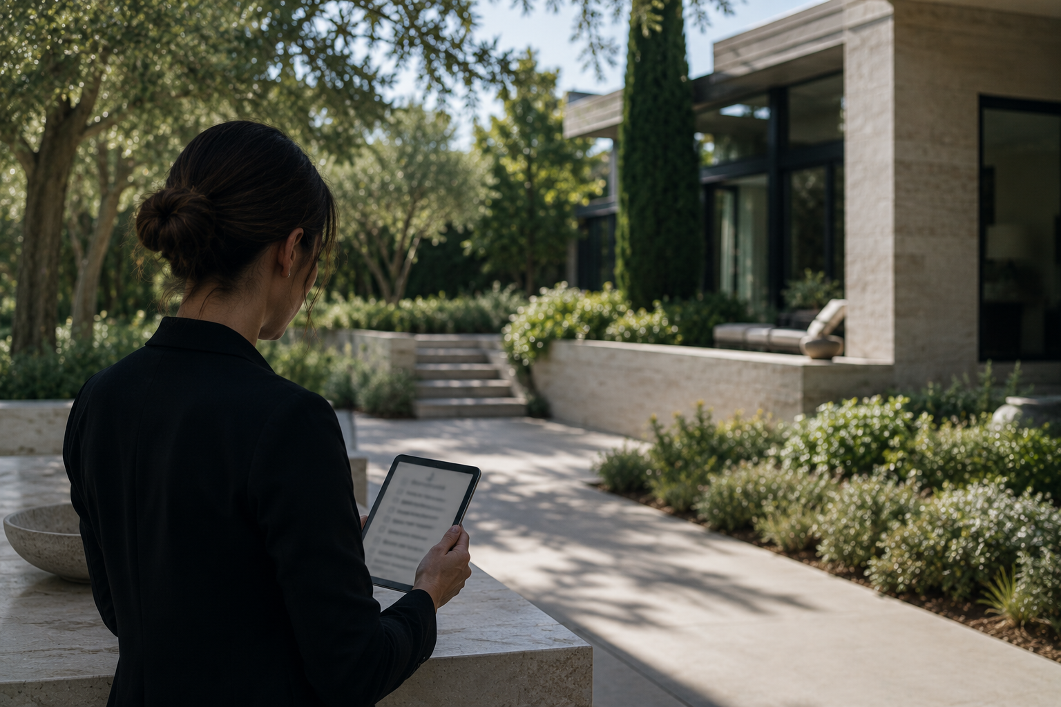 Woman in black blazer reading on tablet outdoors near modern house with landscaping