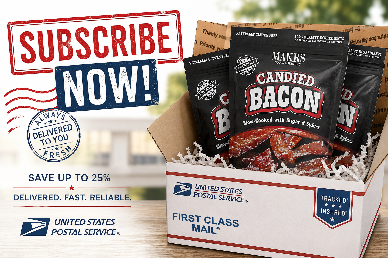 A USPS shipping box filled with packages of candied bacon, displaying the label 'Candied Bacon' with images of glazed bacon strips, and promotional text offering subscription services and discounts.