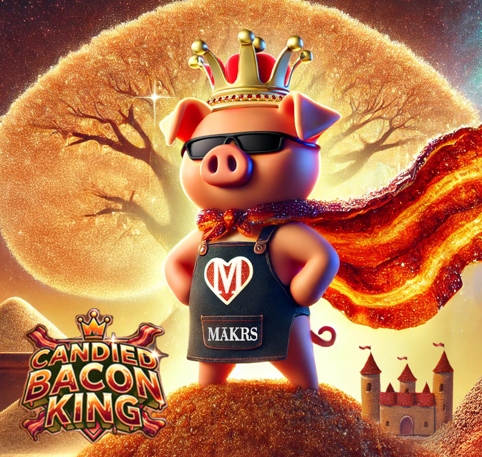 A cartoon pig wearing sunglasses, a crown, and a cape, standing confidently in front of a glowing tree and castle, with the logo 'CANDIED BACON KING' at the bottom.
