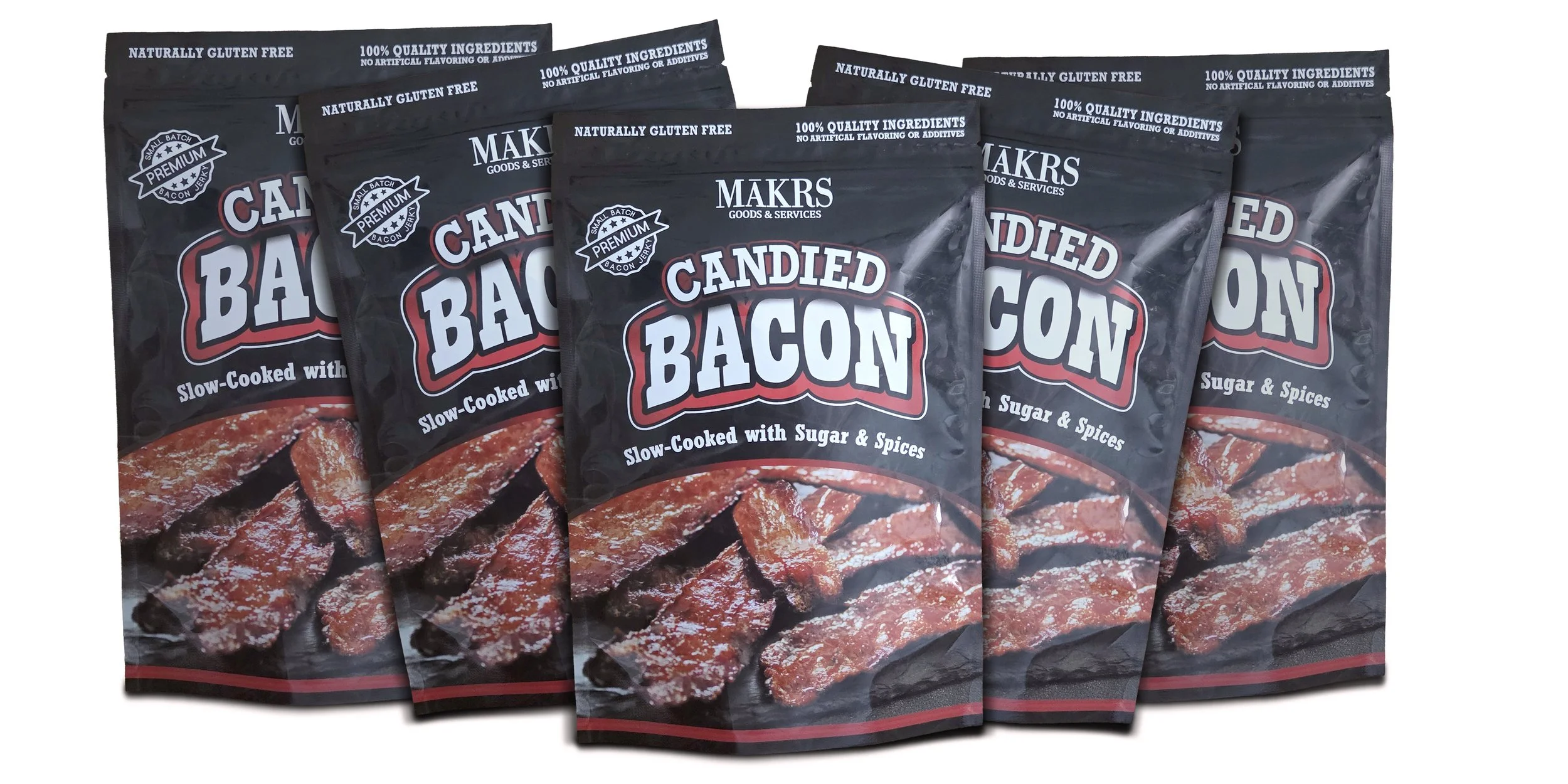 Multiple black snack bags labeled 'Candied Bacon' with images of glazed bacon strips on the front.