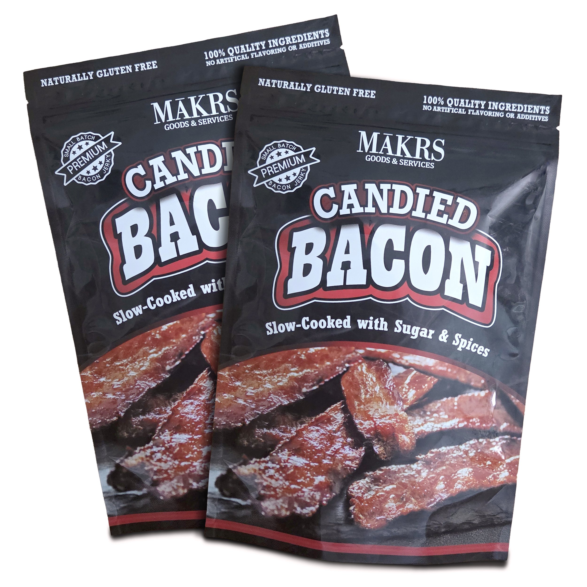 Two black resealable snack bags with branding for candied bacon jerky, featuring red and white text, and displaying bacon strips on the front.
