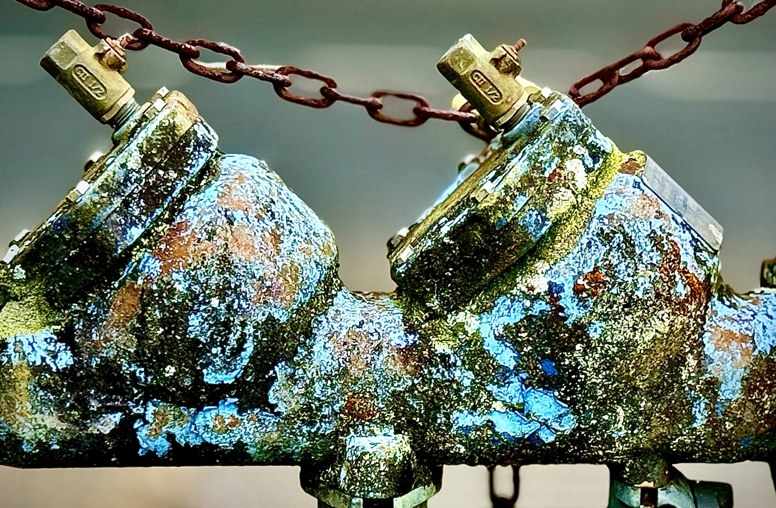 Two rusted, paint-crusted metal meters with brass fittings joined by a rusty chain, in blue, green and orange tones