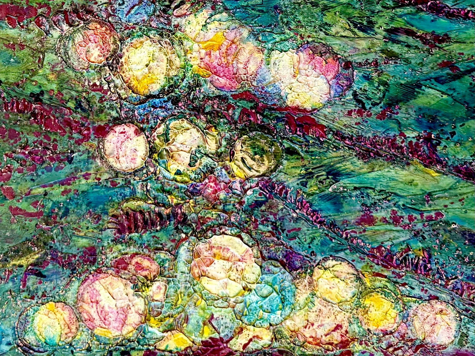 When Garden Explodes, original painting by Susan Brady — overlapping pink, yellow and aqua circles in textured layers of teal and crimson