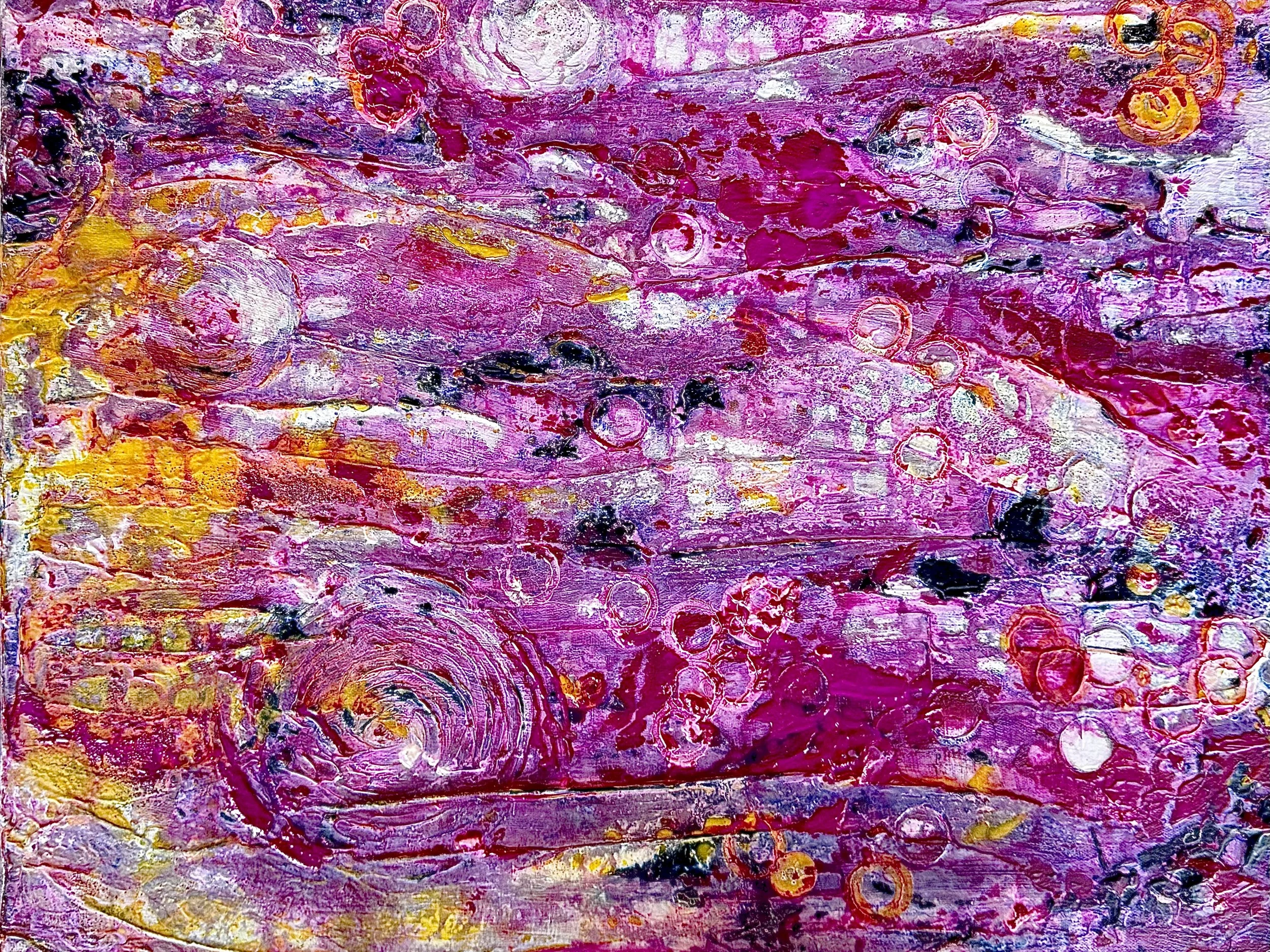 Detail of When I Close My Eyes, original painting by Susan Brady — layered circles in magenta, violet, gold and white