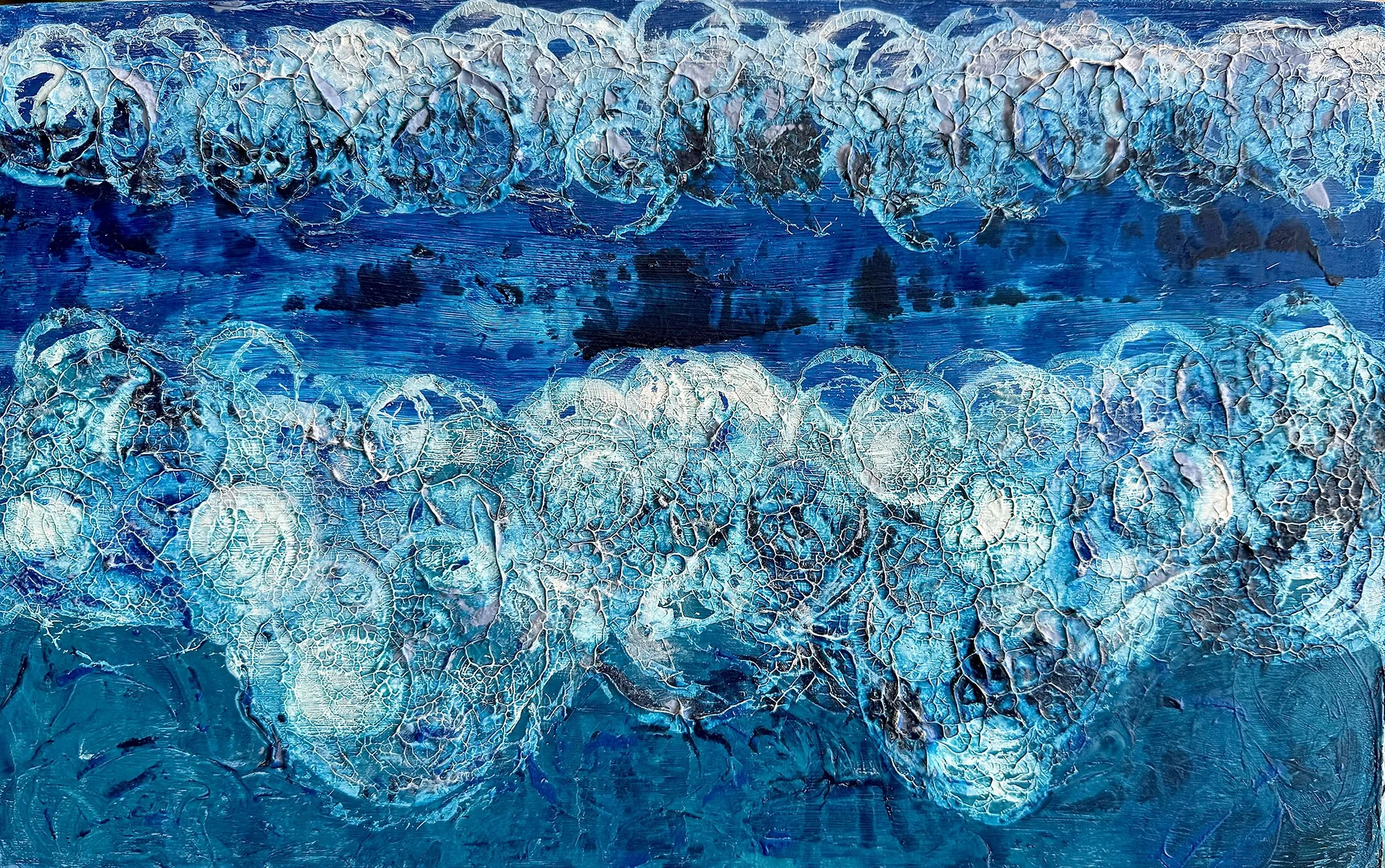 Storm at Sea, original acrylic painting on wood by Susan Brady — swirling white and turquoise waves over deep blue