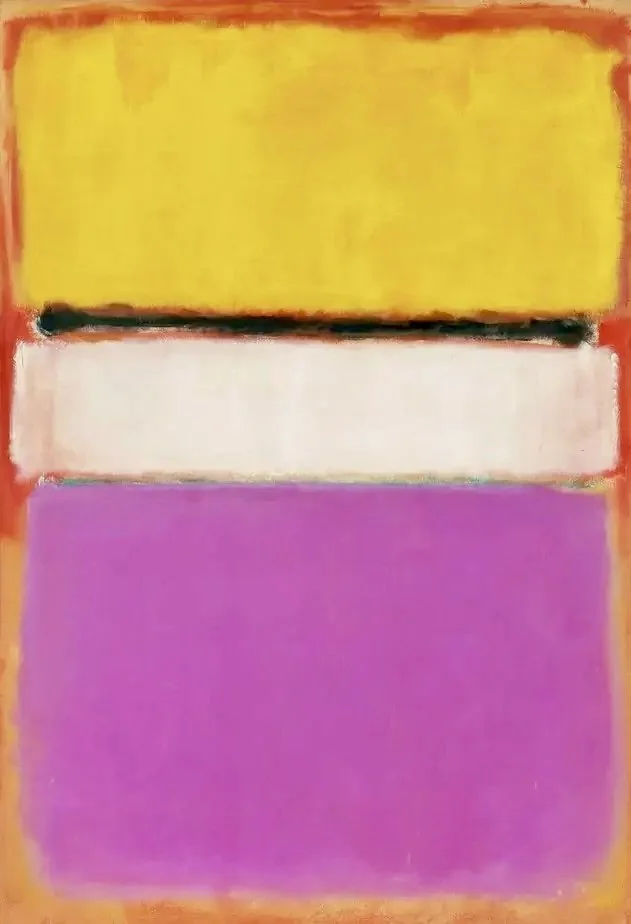 Mark Rothko painting with soft-edged bands of yellow, white and lavender on a rose-orange ground