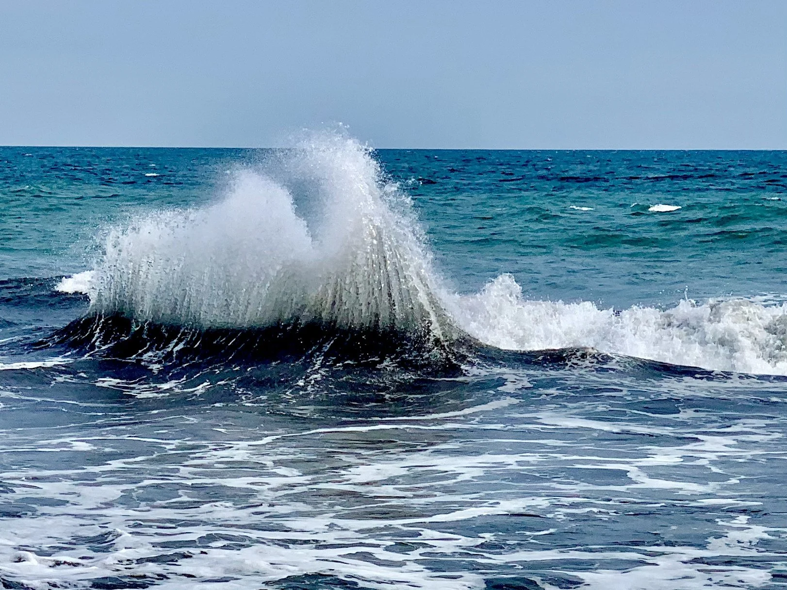 A tall wave crashing into a plume of white spray over deep blue open sea — the ocean that inspires Susan Brady's art