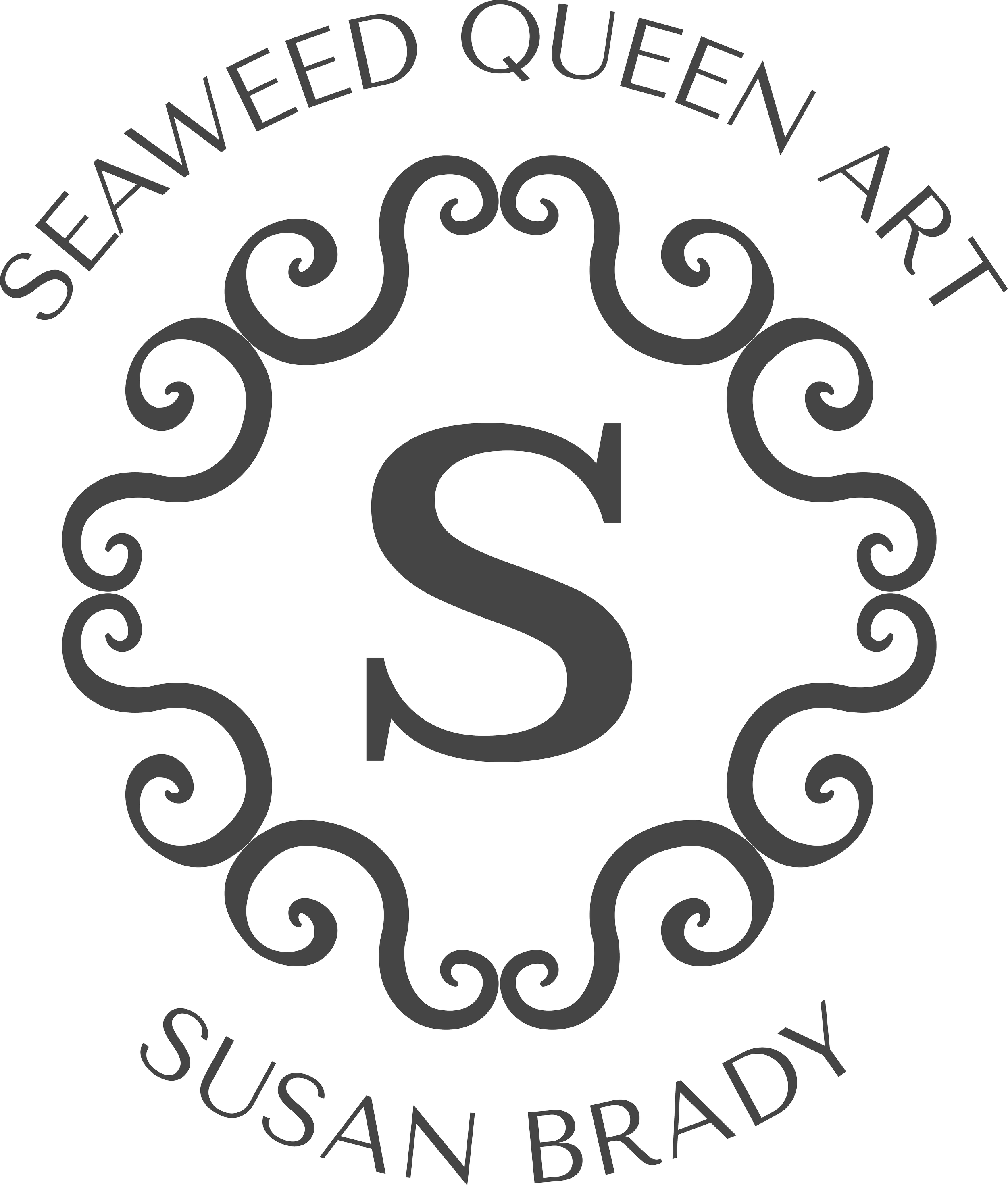 charcoal color wreath logo with S in the middle and SEAWEED QUEEN ART across the top, and SUSAN BRADY across the bottom