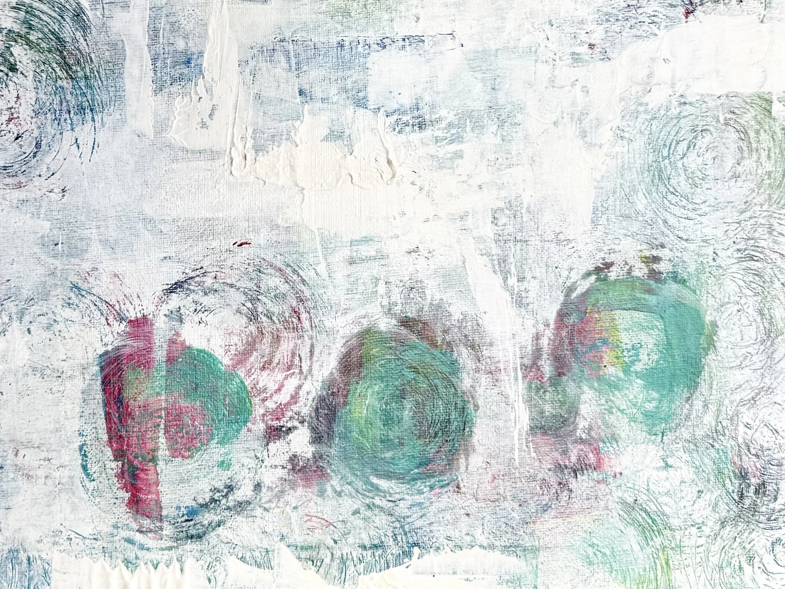 Detail of Triplets, abstract painting by Susan Brady with three soft circles in teal and crimson on a textured white ground
