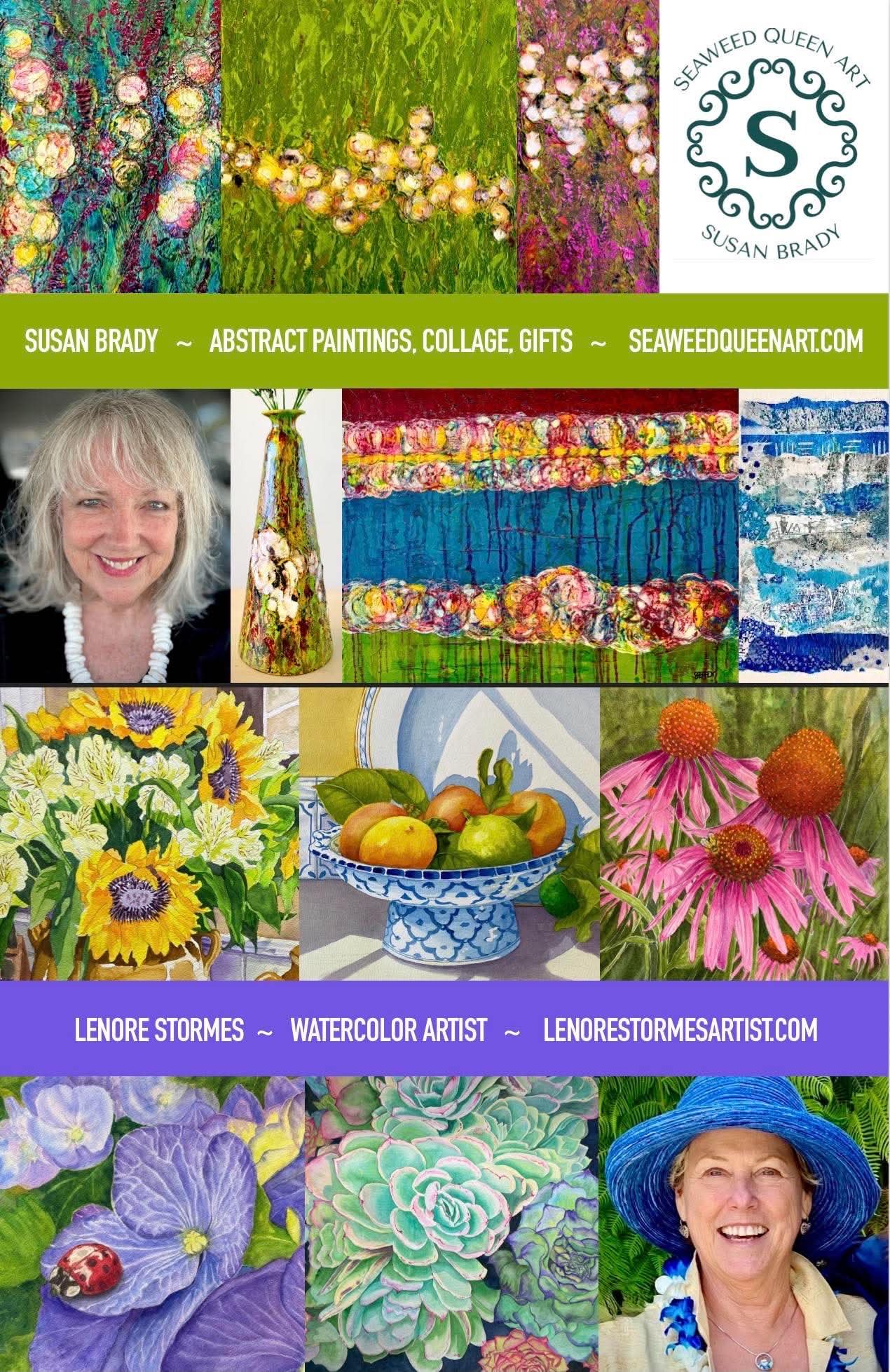 Collage of abstract paintings and artwork by Susan Brady, featuring vibrant floral and still life scenes, along with portraits of the artist, showcasing her watercolor art style and creative gifts.