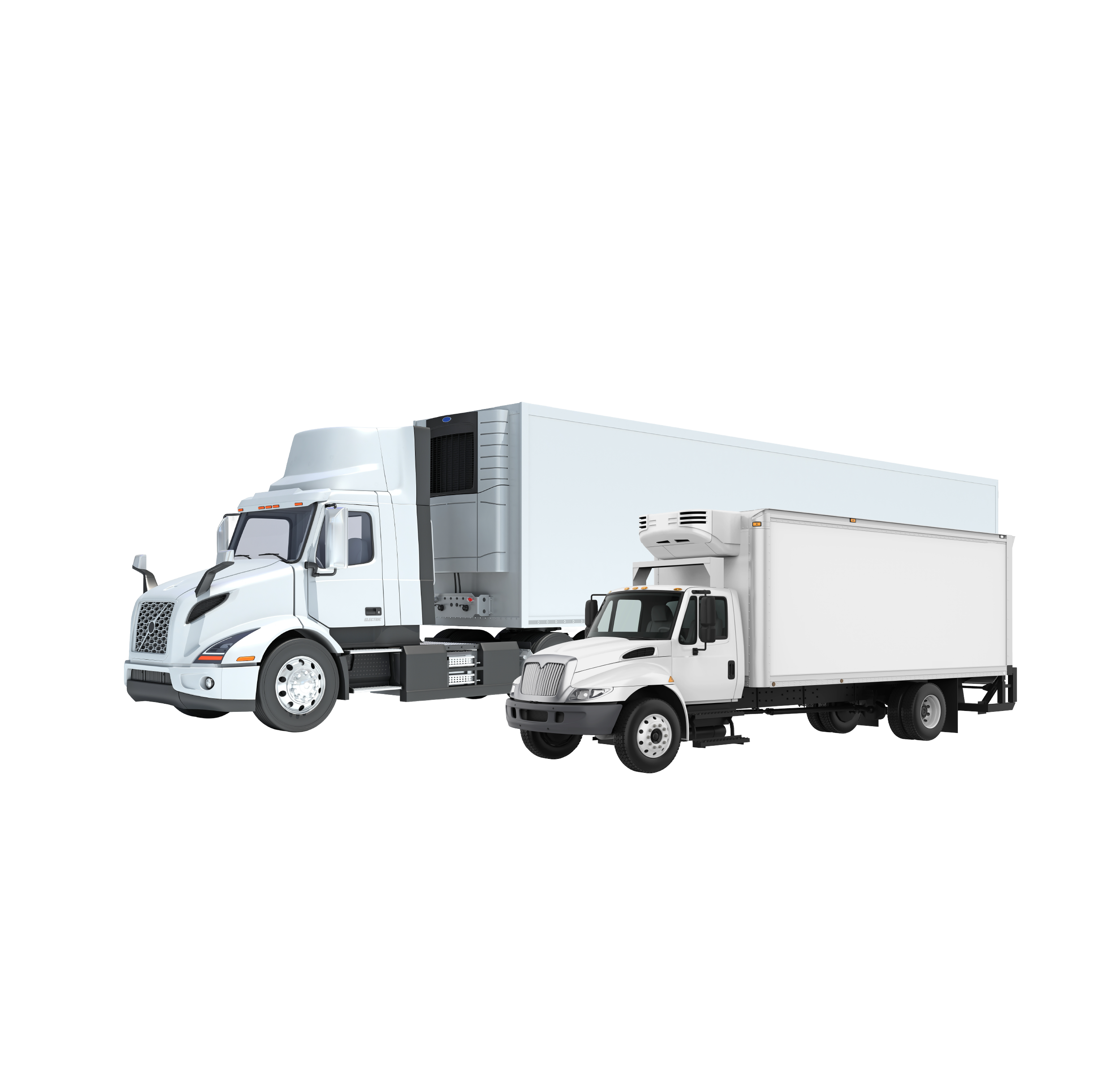 A large freight truck with a white cab and trailer, equipped with refrigeration unit on top, parked on a street.