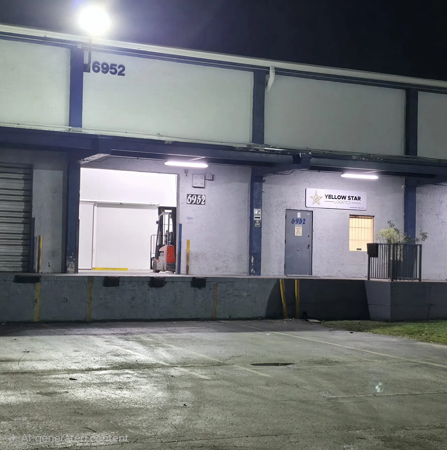 Nighttime view of a commercial building with the address 6952 displayed on the wall and signage for Yellow Star Logistics. The building has exterior lighting and a partially open loading dock with a forklift and fire extinguisher visible inside.