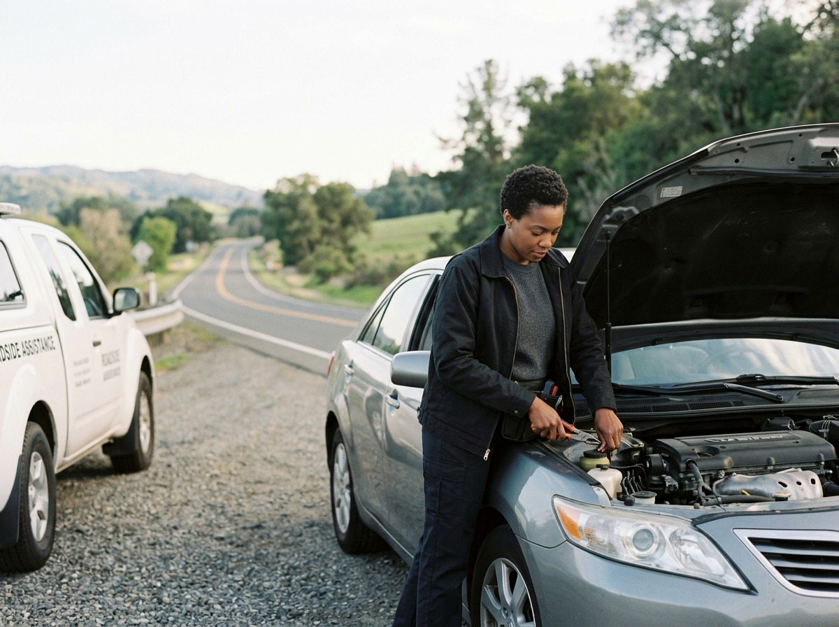 A woman checking her car engine on the side of a rural road with emergency assistance vehicle parked nearby.