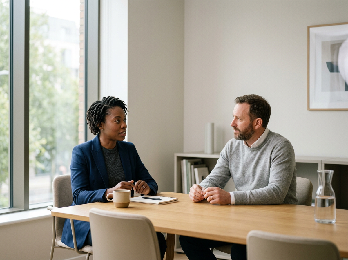 Two professionals engaged in a conversation at a wooden table in a modern office, with a large window showing outside greenery.