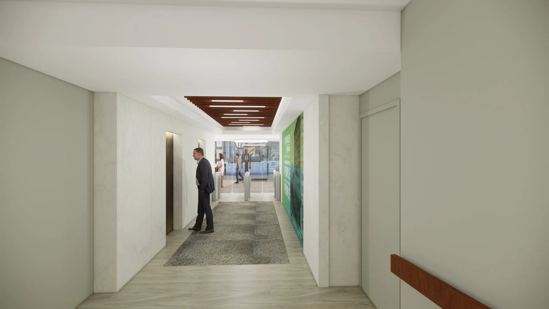 A modern indoor hallway with an elevator, people dressed in business attire, a seating area, and large windows at the end showing an outside view with trees and buildings.