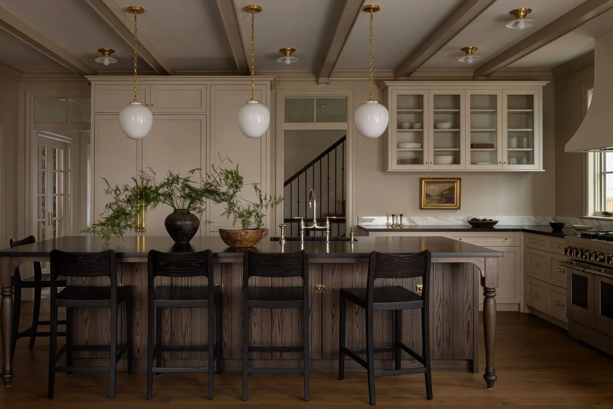 Kitchen with coffered ceiling and oak island, Superior Avenue new build, Calgary