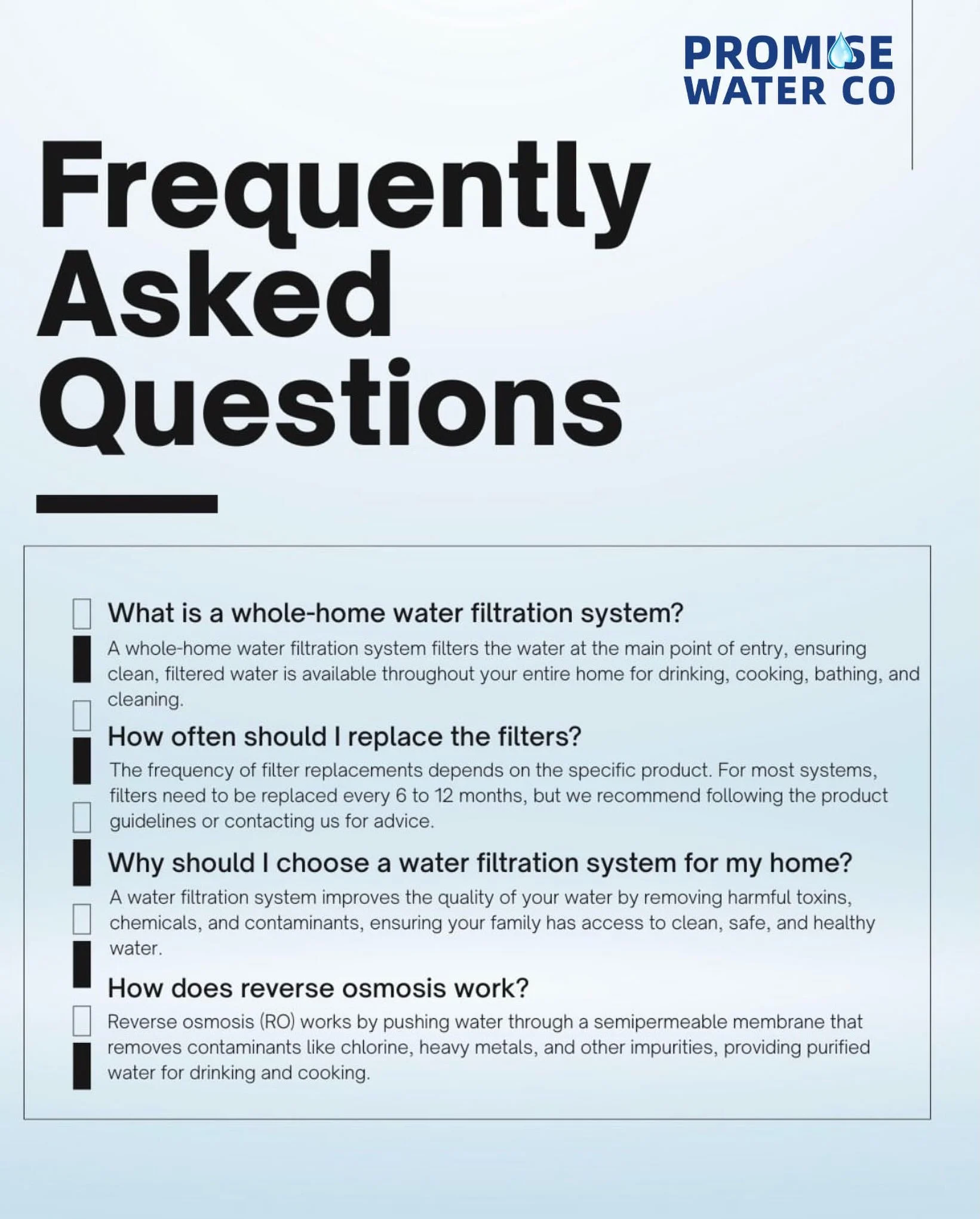💧Got questions about your water filtration? We&rsquo;ve got the answers! 
From how reverse osmosis works to when to change your filters, here&rsquo;s everything you need to know. 
Swipe through our most frequently asked questions and see why a whole