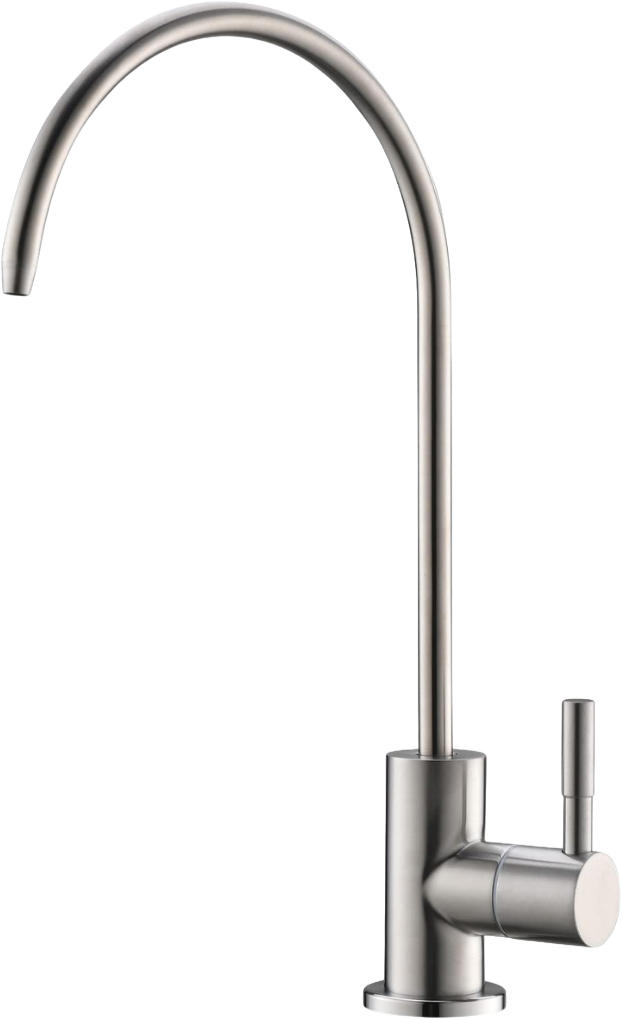 Modern kitchen faucet with a high arc spout and single lever handle on a sink.