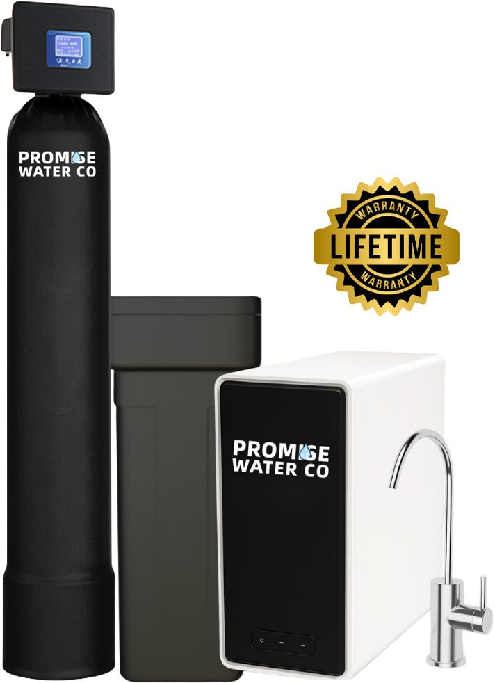 Water filtration system from Promote Water Co with a black filtration tank, a gray unit, and a white unit with a faucet, indicating it offers whole-house and drinking water filtration.